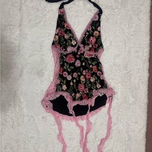 New 1xl black pink floral embroidery lace fairy dress boho halter evening flower